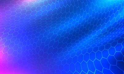 Fototapete - Futuristic digital hexagon wave on cyberspace. Particle Wave on Hexagonal Grid Background. Analysis and searching of data. Big data visualization. Technology, Science dynamic backdrop. Vector EPS10.