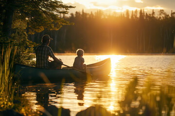 Canvas Print - Family enjoying camping and fishing by lake