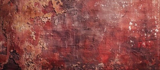 Canvas Print - Old red grunge style background on a rusty concrete wall texture with natural raw surface of an old table for a flat lay photo, including copy space image, top view.