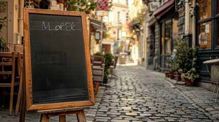 Simulated photograph. Restaurant, coffee shop, sidewalk chalkboard sign, bar Old vintage blackboard A-board on a cobblestone street in the old city. of shopping street