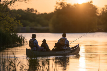 Canvas Print - Family camping by lake canoeing and fishing