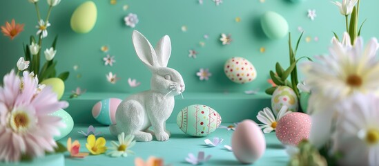 Aufkleber - Easter-themed display with colorful eggs, a bunny, flowers, and a green background, ideal for a copy space image.