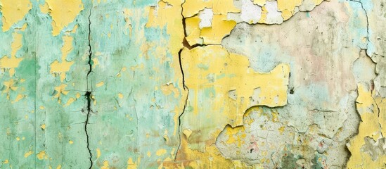 Poster - Aged concrete wall embellished with soft pastel hues of paint, showcasing yellow and light green speckles on its cracked stucco texture, providing a copy space image.