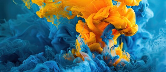 Poster - Blue abstract background with yellow paint flowing in a fantasy cloud resembling ink spreading in water, creating a creative image with copy space.