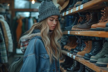 Wall Mural - Young Woman Shopping for Winter Boots in a Store