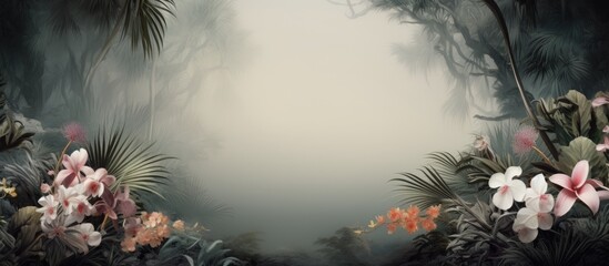 Poster - Exotic backdrop with palm fronds and blossoms in a copy space image.