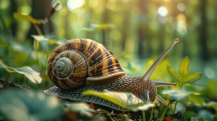 Poster - In the summer, a giant snail is crawling through the green forest. Generative AI.