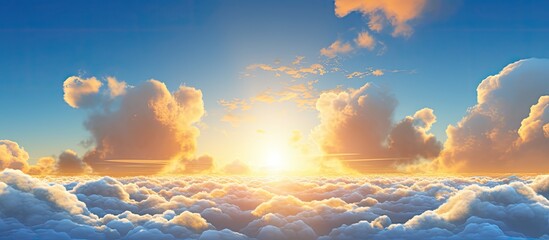 Poster - Golden clouds illuminated by the evening sunlight against a blue sky provide a tranquil ambiance in the copy space image.