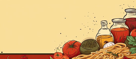 Poster - Copy space image of pasta, elbow, and sauce ingredients on a food-themed background.
