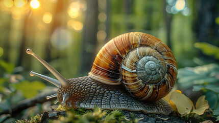 Poster - In the summer, a giant snail is crawling through the green forest. Generative AI.