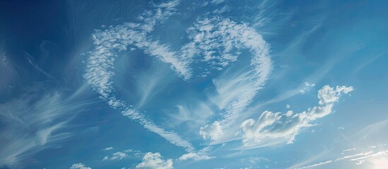 Poster - Heart-shaped inversion trail of clouds from an airplane on a blue sky, creating a romantic declaration of love in a copy space image.