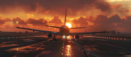 Canvas Print - A wide-body jet with deployed landing gear landing at sunset, with room for text, conveying elements of vacation, transport, and aviation.