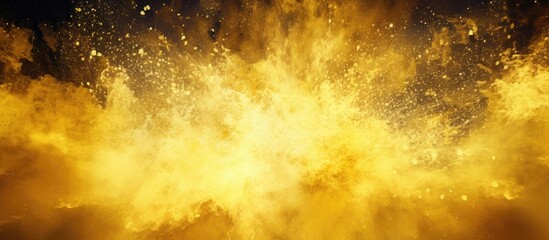 Aufkleber - Yellow powder splatters in a vibrant explosion on an abstract background with a glittery texture in a freeze-frame copy space image.