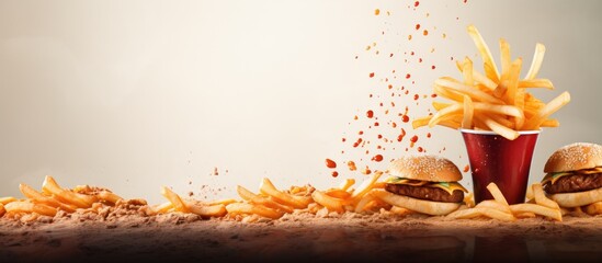 Poster - Top view of fast food take away with a sandwich, potato fries, cola with ice, and chips displayed, featuring copy space image.
