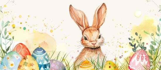 Poster - Easter-themed blank card and envelope featuring a cute Easter bunny and colorful eggs in a charming design with copy space image.