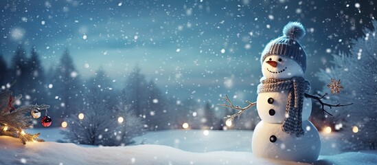 Poster - Greetings card with a snowman in a wintry fairytale scene set against a snowy background, perfect for a holiday message with copy space image.