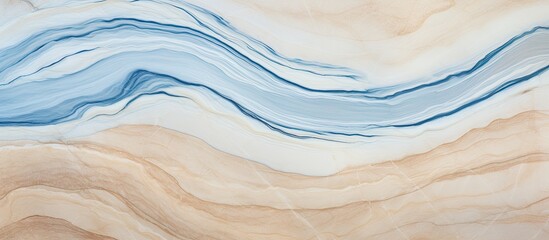 Fototapete - Flat lay top view of a beige marble background with blue textured lines, providing ample copy space image.