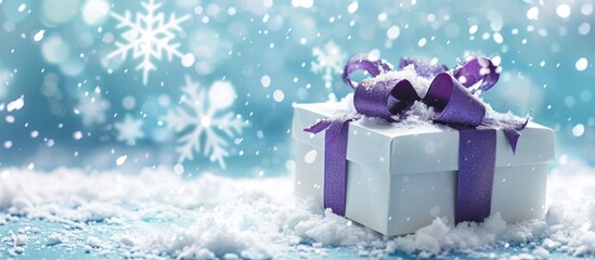 Wall Mural - Festive blue background with snowflakes showcases a gift box in white paper and a purple bow, perfect for Christmas, New Year, or birthday celebrations. Copy space image available.