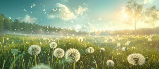 Poster - A scenic summer field background with dandelion seeds drifting in the wind, providing an inspirational eco-friendly nature landscape with a vibrant floral garden or park with copy space image.
