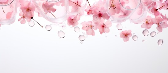 Aufkleber - Pink flowers cascading from a wine glass onto a white surface in a top-view composition, creates a concept idea with selective focus on the copy space image.