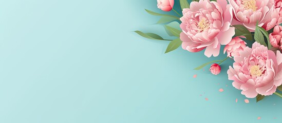 Poster - Trendy top view Mother's Day greeting card design featuring pink peony flowers on a blue mint background with paper confetti and copy space image, suitable for summer birthdays or anniversaries.