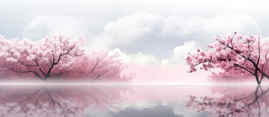 Poster - Photographing a serene Japanese cherry blossom scene with empty spaces for text or graphics in the picture (copy space image).