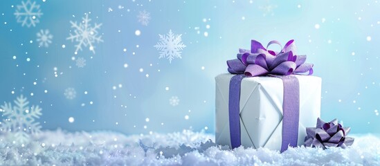 Poster - Festive blue background with snowflakes showcases a gift box in white paper and a purple bow, perfect for Christmas, New Year, or birthday celebrations. Copy space image available.