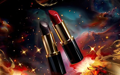 Wall Mural - Elegant Lipsticks Against Cosmic Background