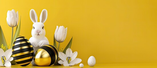Aufkleber - Easter-themed greeting card design with stylish black, gold, and striped eggs adorned with white bunnies, tulip, on a vibrant yellow background, ideal for adding text or images.