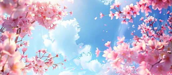 Poster - Scenic spring and summer backdrop with pink cherry blossoms against a bright blue sky, suitable for copy space image.