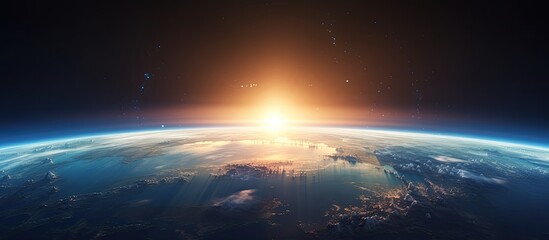 Wall Mural - stunning image featuring earth, moon, and stars in outer space during sunrise with copy space image.