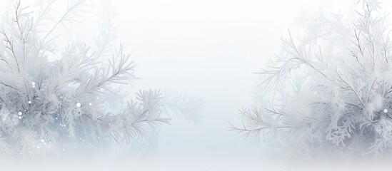 Wall Mural - Merry Christmas and Happy New Year greeting background with copy space image featuring frost and snow-covered tree branches on a white backdrop.