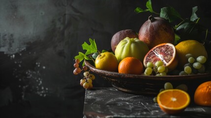 Still life of assorted fruits in dark setting