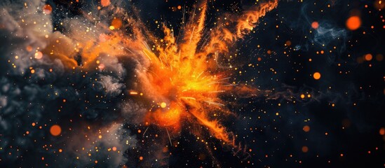 Poster - A vibrant explosion resembling a bright firework with orange hues, scattered sparks, and smoke, set against a black backdrop with blank space for adding text or other elements.