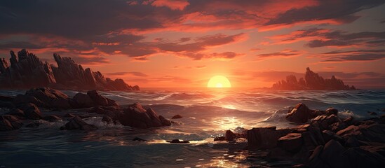 Poster - Capture rocks in the sea at sunset with a suitable spot for adding text or a logo in the image.