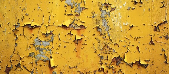 Poster - A close-up image of rust spreading across a weathered yellow wall with chipped paint, there is a vast, open space for text or logos.