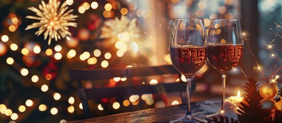 Poster - New Year fireworks with a decorative background and available copy space image.