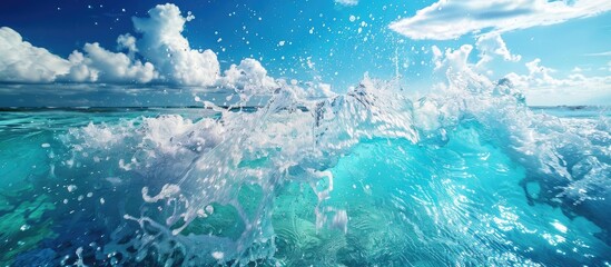 Fototapete - Splashes in the crystal-clear blue sea water following a jump create a stunning visual with copy space image.