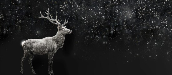 Canvas Print - Silver reindeer elk on black glitter background with room for text or images