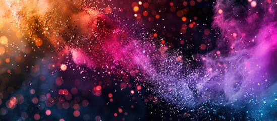 Aufkleber - Colorful powder splattered on a black backdrop with a frozen motion effect, displaying a multicolored glittery texture in a copy space image.