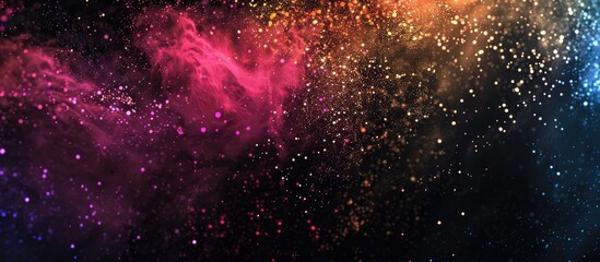 Aufkleber - Colorful powder splattered on a black backdrop with a frozen motion effect, displaying a multicolored glittery texture in a copy space image.