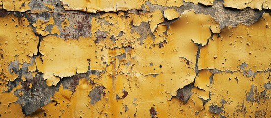 Poster - A close-up image of rust spreading across a weathered yellow wall with chipped paint, there is a vast, open space for text or logos.