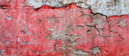 Poster - Old weathered cement wall with red paint peeling off, cracks, and a copy space image.