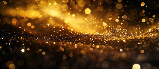 Aufkleber - Bokeh effect on black backdrop with abstract golden powder, creating a festive ambiance perfect for Christmas and New Year celebrations. Ideal for a copy space image.