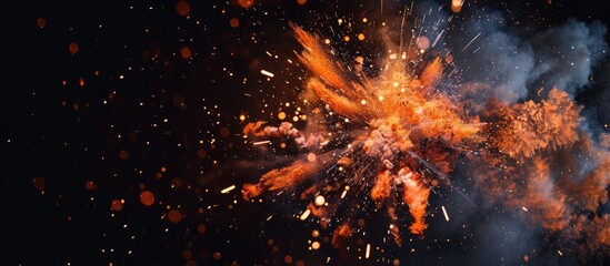 Poster - A vibrant explosion resembling a bright firework with orange hues, scattered sparks, and smoke, set against a black backdrop with blank space for adding text or other elements.