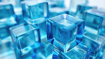 Poster - 3D animation of transparent blue glass cubes arranged in an abstract composition on a white background, creating a futuristic and high-tech atmosphere. Generative AI.