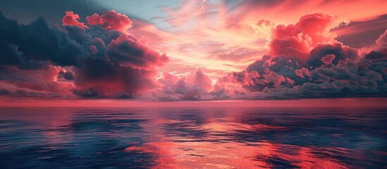 Poster - Red clouds above the ocean with a horizontal orientation suitable for various text designs within the copy space image.