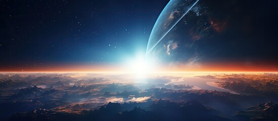 Wall Mural - stunning image featuring earth, moon, and stars in outer space during sunrise with copy space image.