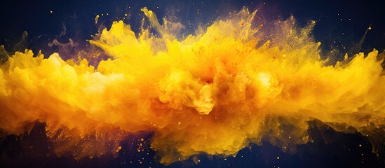 Aufkleber - Yellow powder splatters in a vibrant explosion on an abstract background with a glittery texture in a freeze-frame copy space image.