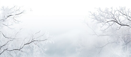 Aufkleber - Merry Christmas and Happy New Year greeting background with copy space image featuring frost and snow-covered tree branches on a white backdrop.
